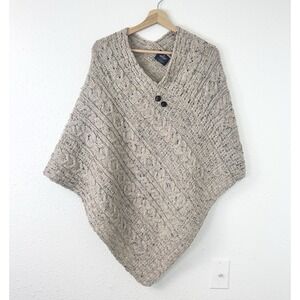 ARAN Irish Knit Beige Market Poncho Cape Womens Cable Merino Wool Sweater S/M